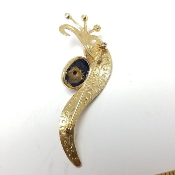 Vintage Retro Gold Tone Brooch, Black Cabochon Rhinestone Abstract Design Unisex - Picture 3 of 5